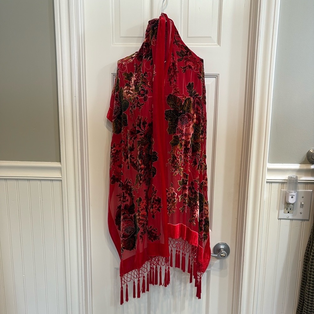 Vibrant Red Floral Scarf with Fringe